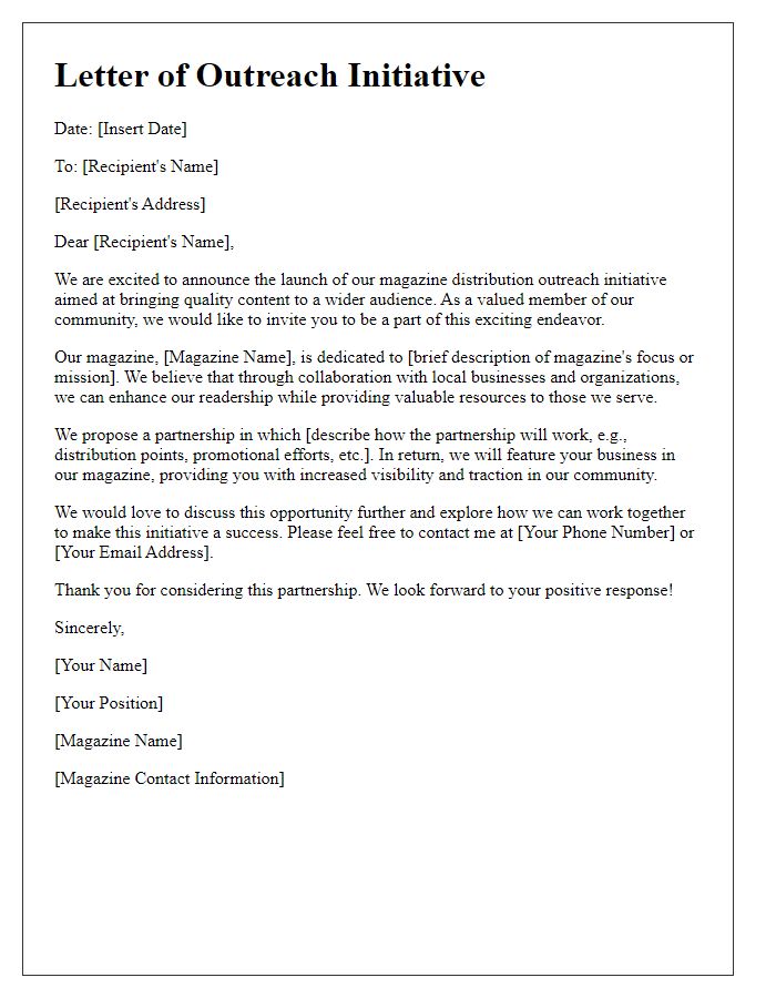 Letter template of magazine distribution outreach initiative.