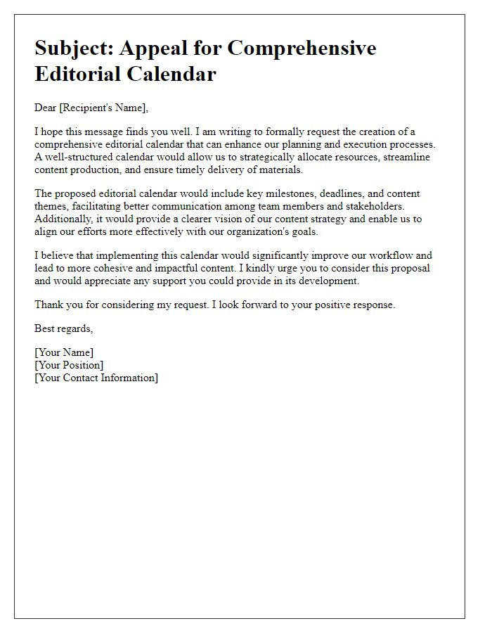 Letter template of appeal for comprehensive editorial calendar.