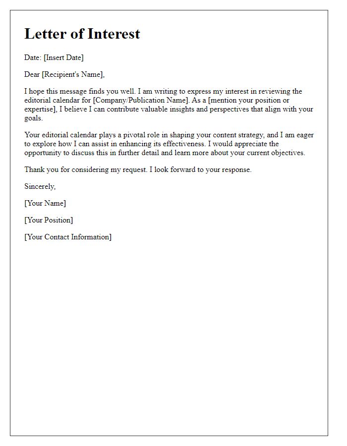 Letter template of interest in reviewing editorial calendar.