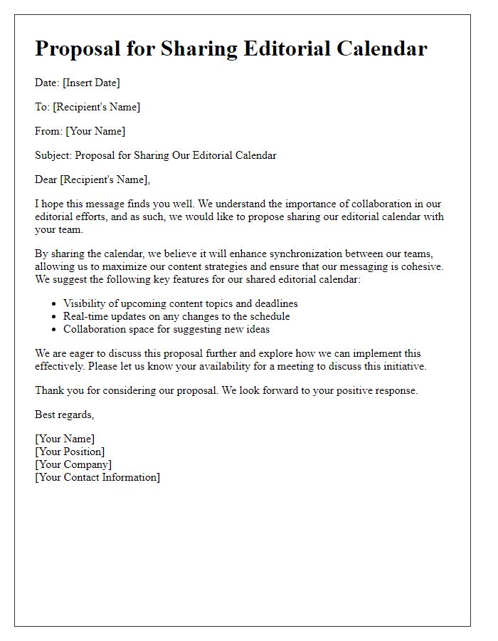 Letter template of proposal for sharing editorial calendar.