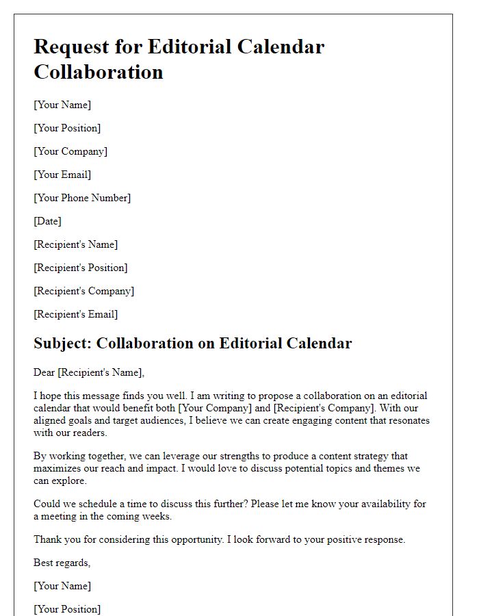 Letter template of request for editorial calendar collaboration.