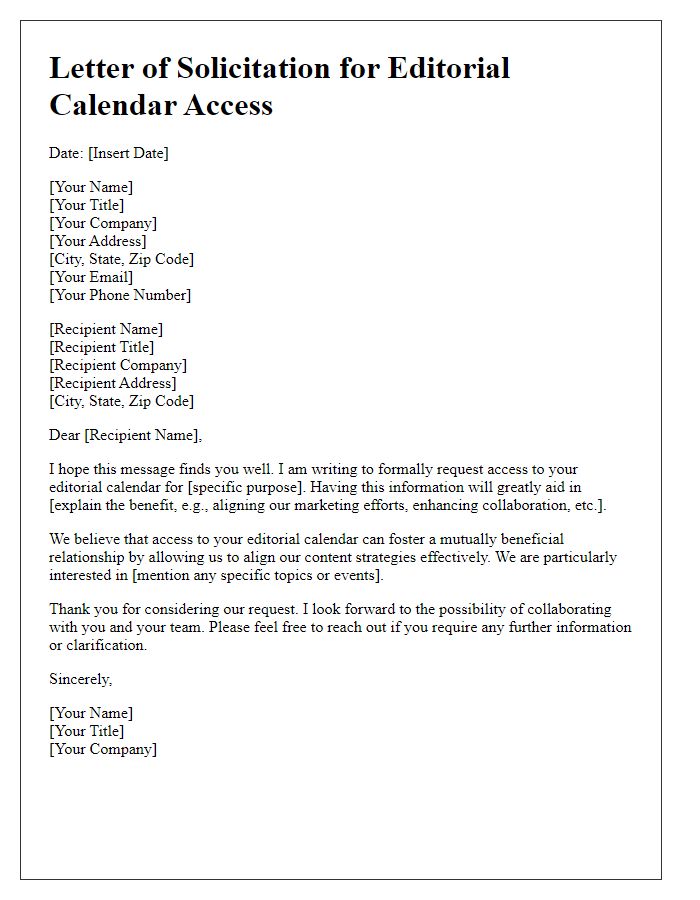 Letter template of solicitation for editorial calendar access.