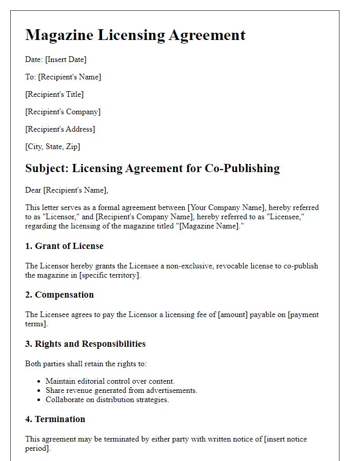 Letter template of magazine licensing agreement for co-publishing arrangements.