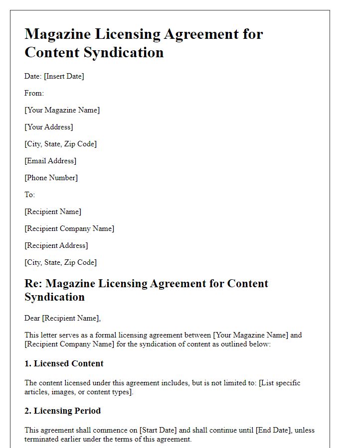 Letter template of magazine licensing agreement for content syndication.