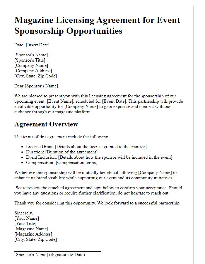 Letter template of magazine licensing agreement for event sponsorship opportunities.