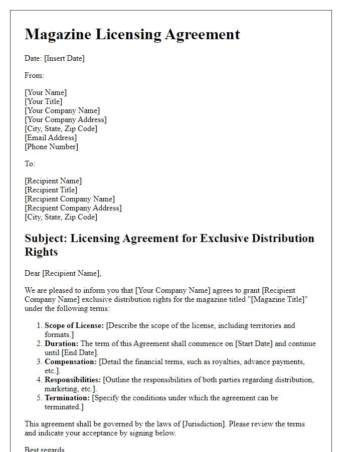 Letter template of magazine licensing agreement for exclusive distribution rights.