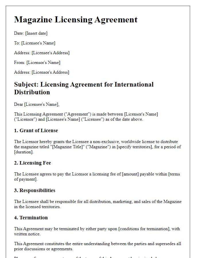 Letter template of magazine licensing agreement for international distribution.