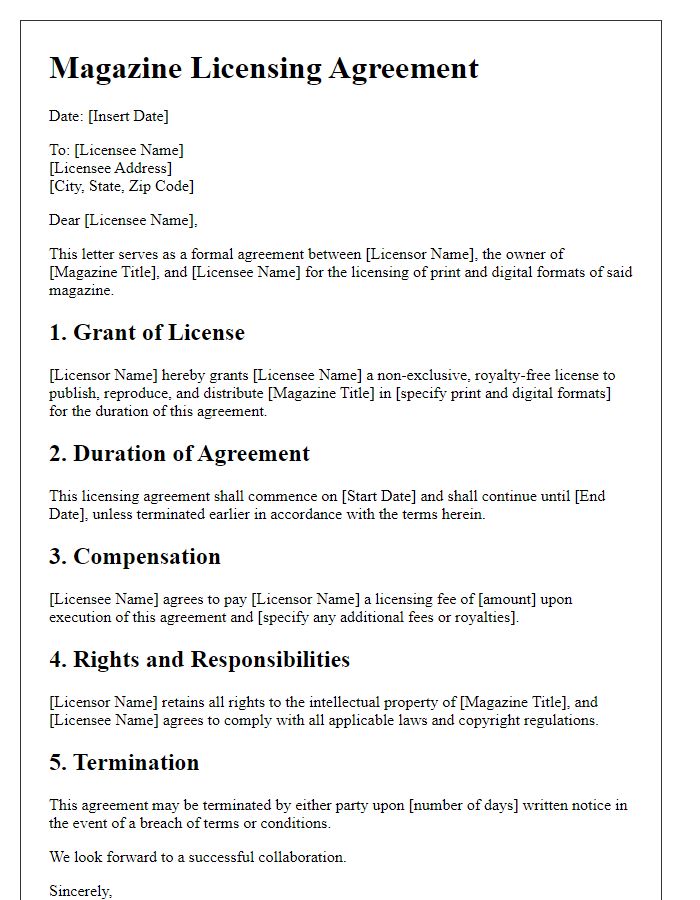 Letter template of magazine licensing agreement for print and digital formats.