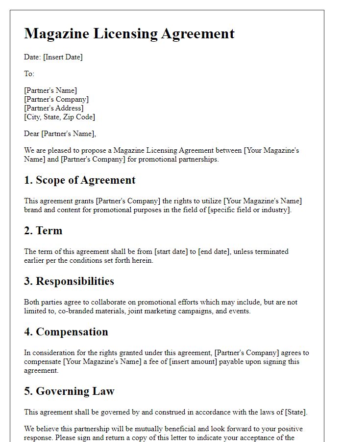 Letter template of magazine licensing agreement for promotional partnerships.