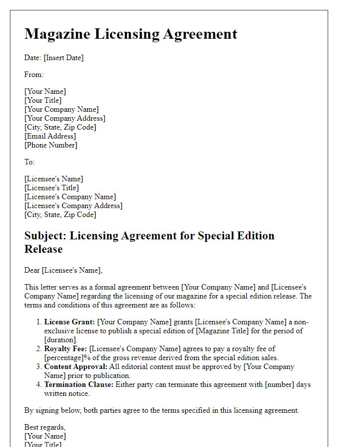 Letter template of magazine licensing agreement for special edition releases.