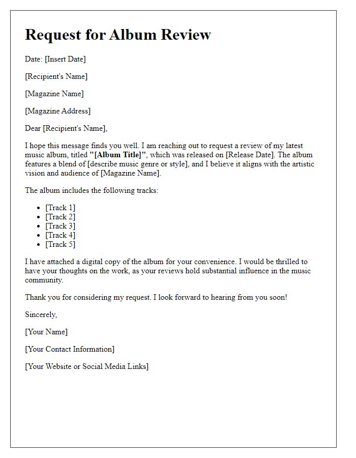 Letter template of a magazine review request for a music album.