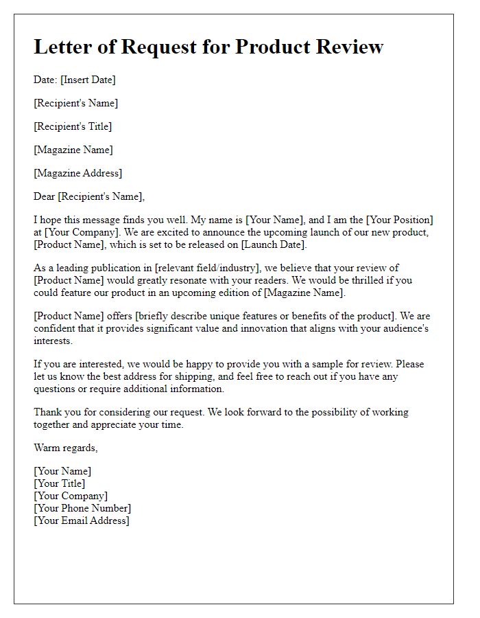 Letter template of a magazine review request for a product launch.