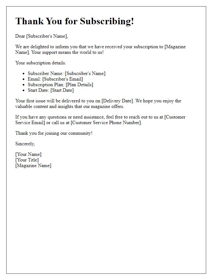 Letter template of acknowledgment for subscribing to our magazine.