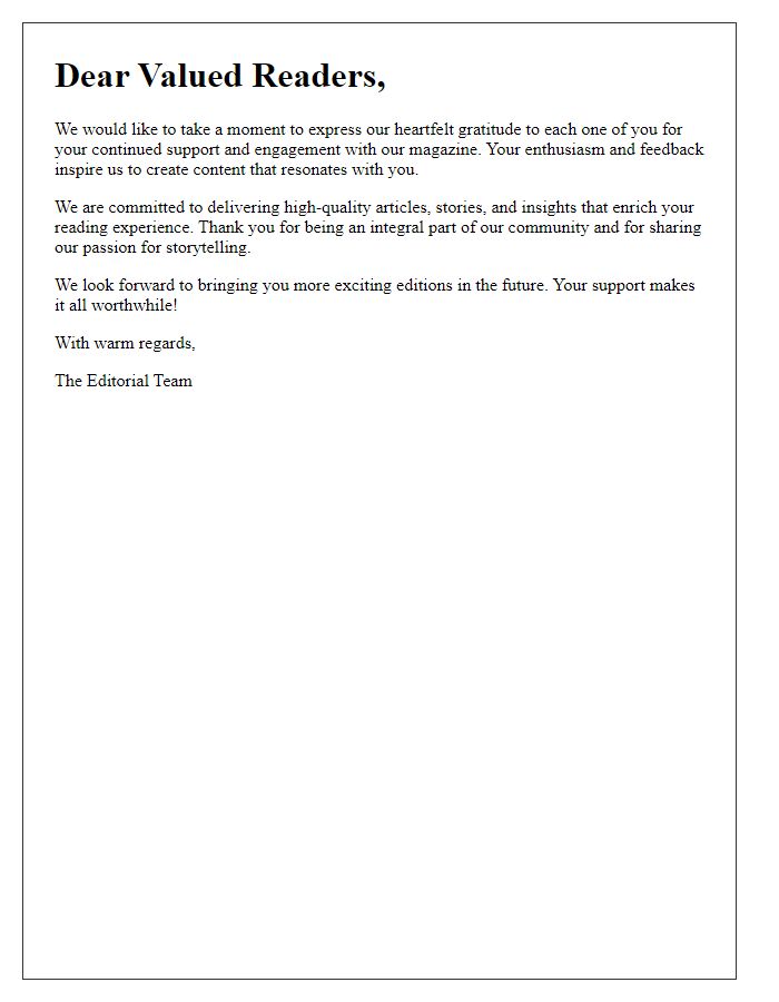 Letter template of heartfelt thanks to our magazine audience.