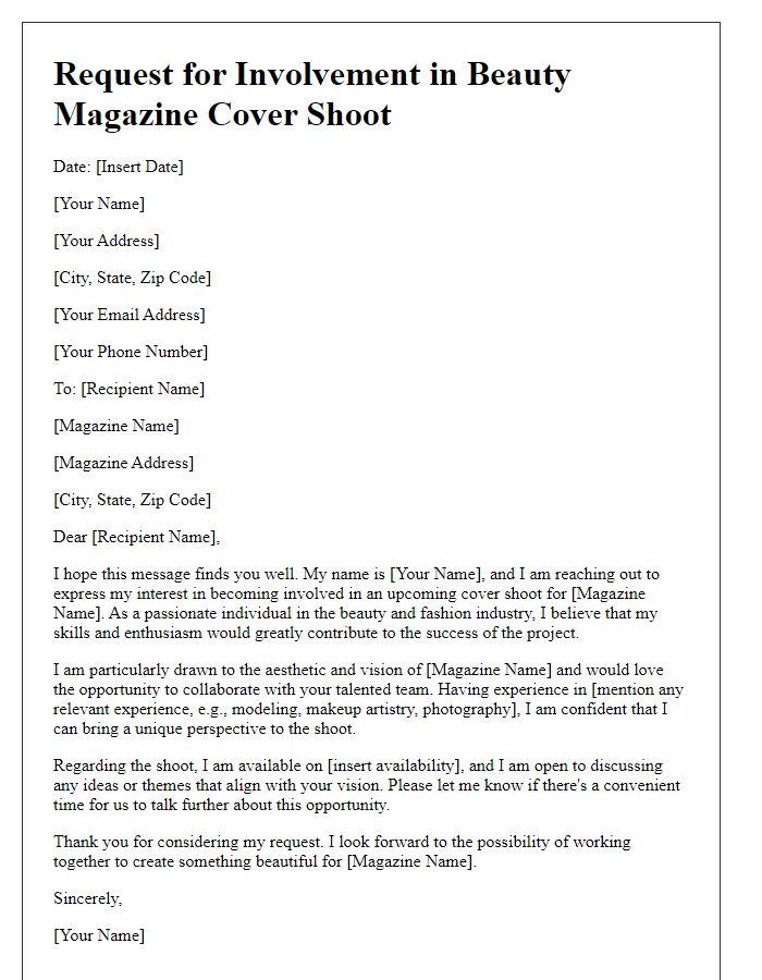 Letter template of request for involvement in a beauty magazine cover shoot.