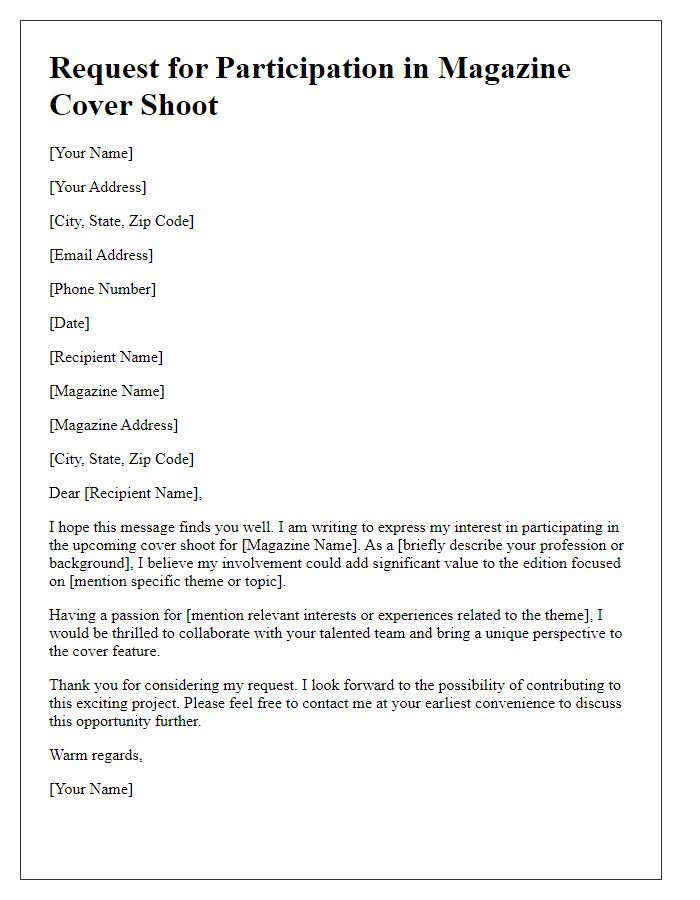 Letter template of request for participation in a magazine cover shoot.