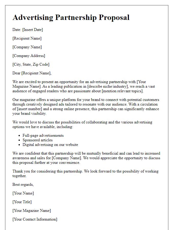 Letter template of advertising partnership for magazine publication.