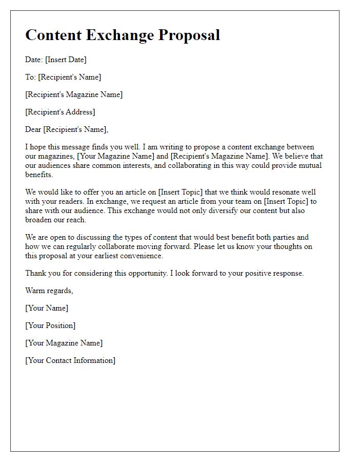 Letter template of content exchange for magazine alliance.