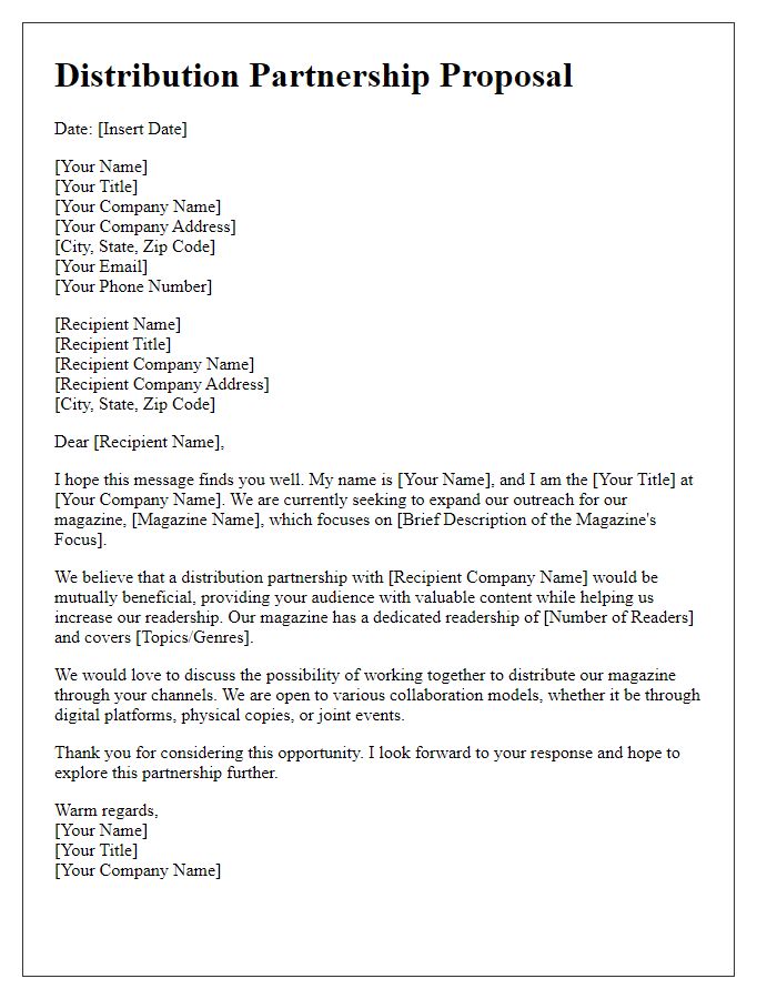 Letter template of distribution partnership for magazine outreach.