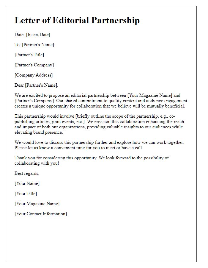 Letter template of editorial partnership for magazine projects.