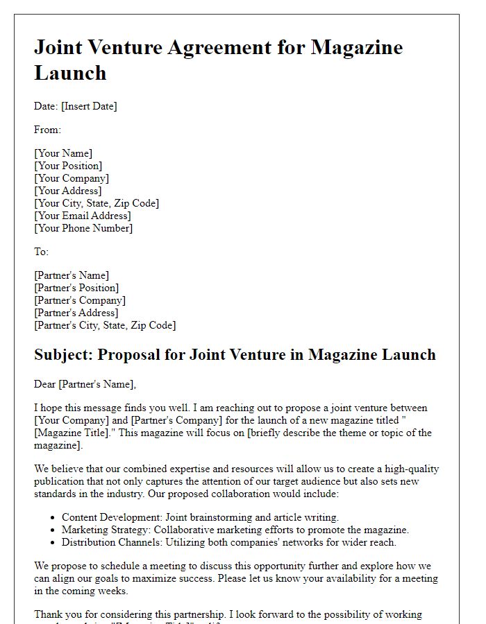 Letter template of joint venture for magazine launches.