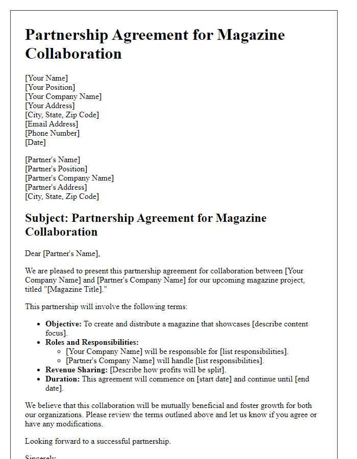 Letter template of partnership agreement for magazine collaboration.