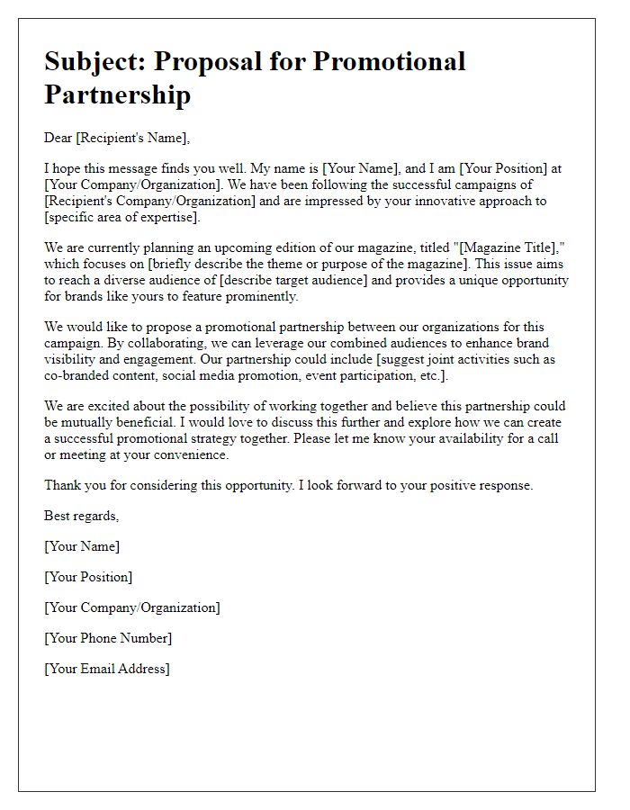 Letter template of promotional partnership for magazine campaigns.