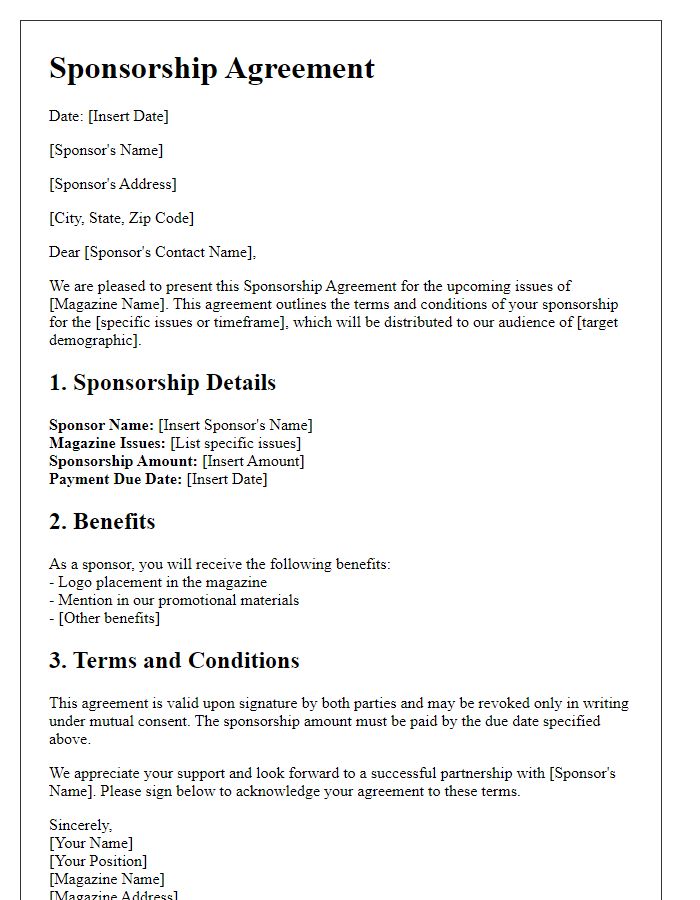 Letter template of sponsorship agreement for magazine issues.