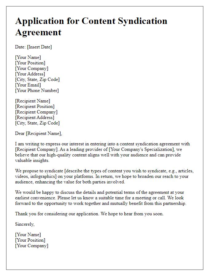 Letter template of application for content syndication agreement.