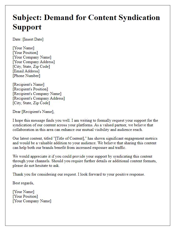 Letter template of demand for content syndication support.