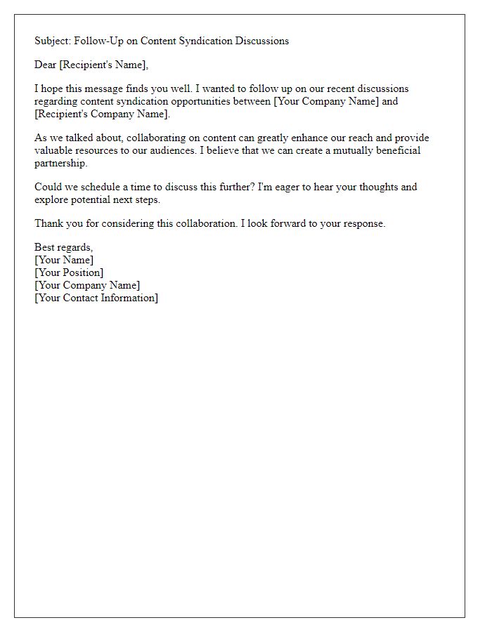 Letter template of follow-up for content syndication discussions.