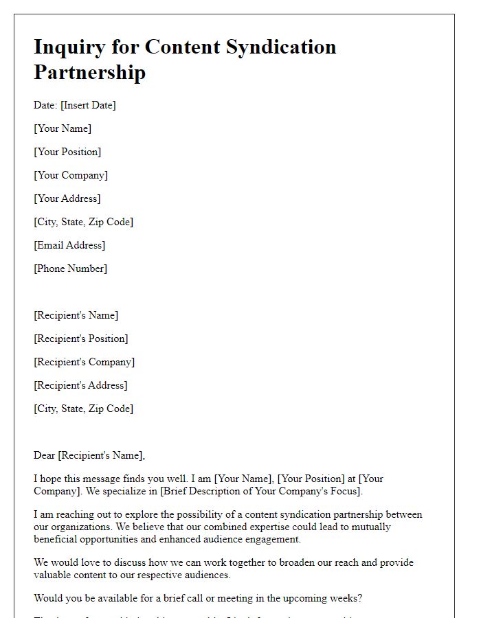 Letter template of inquiry for content syndication partnership.