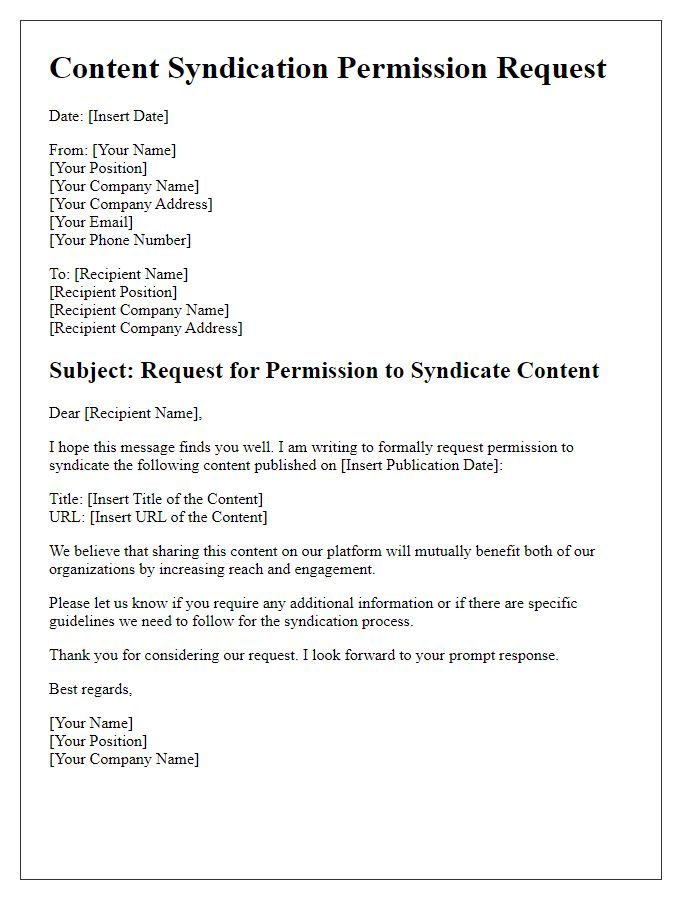 Letter template of notice for content syndication permissions.