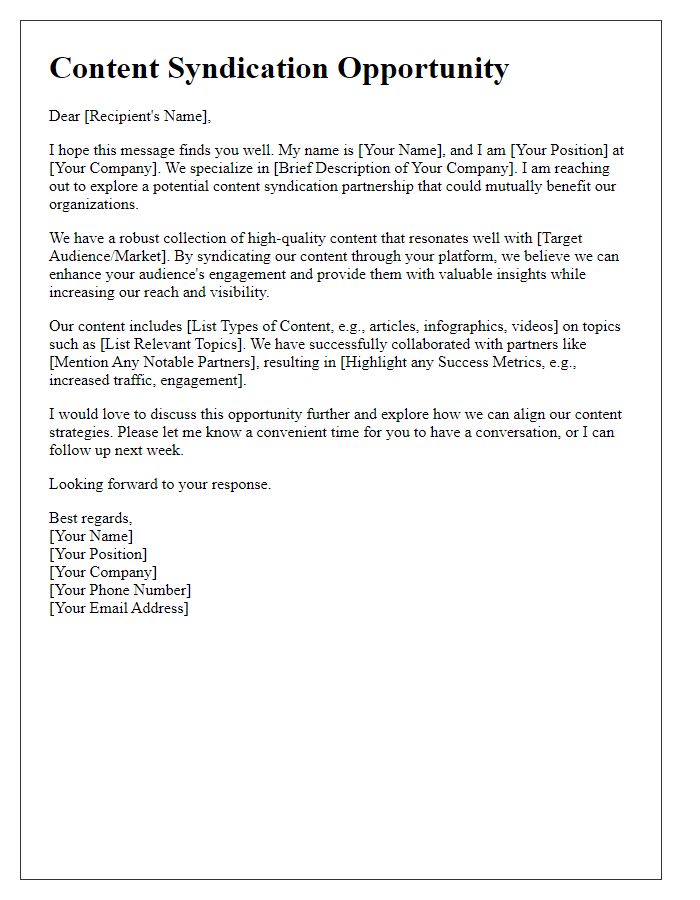 Letter template of pitch for content syndication opportunity.