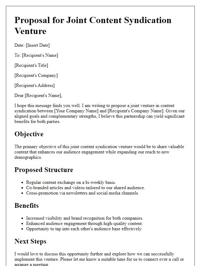 Letter template of proposal for joint content syndication venture.