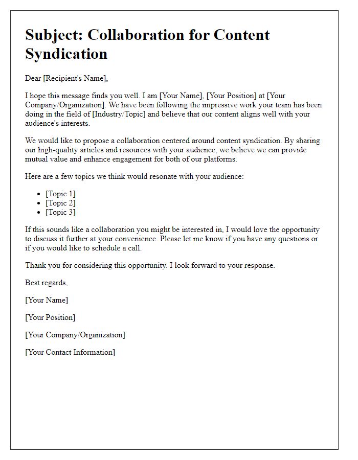 Letter template of solicitation for content syndication collaboration.