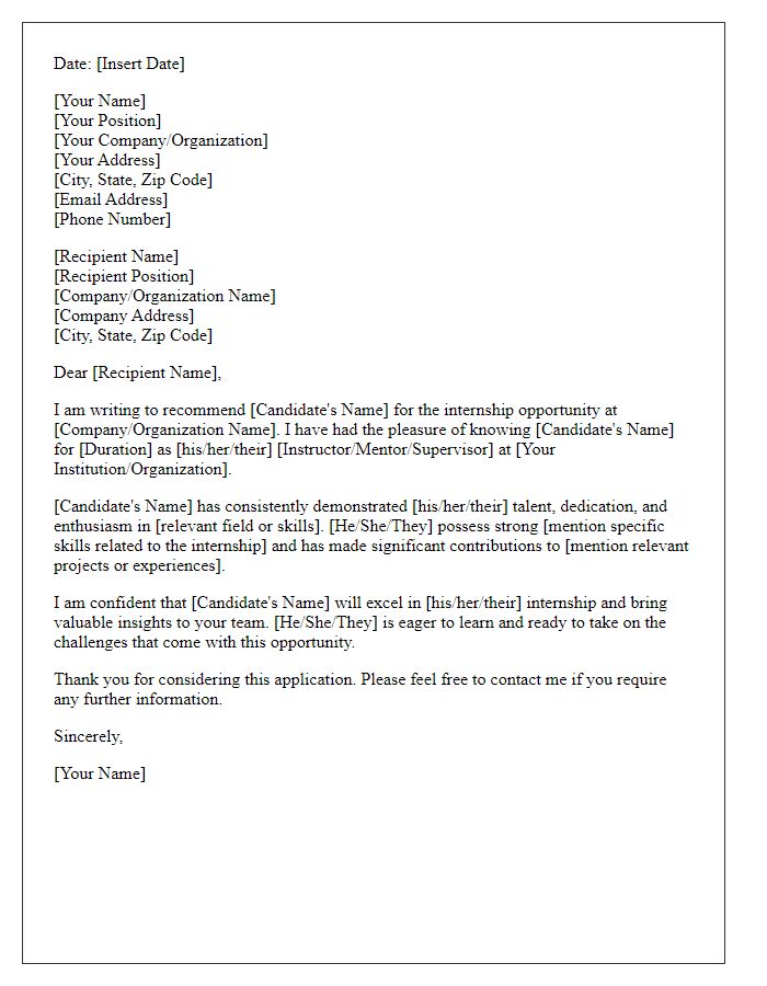 Letter template of job application reference for an internship opportunity