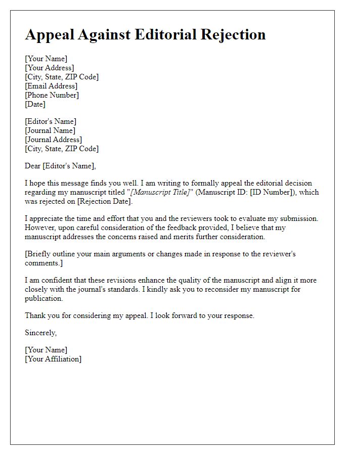 Letter template of appeal against editorial rejection.