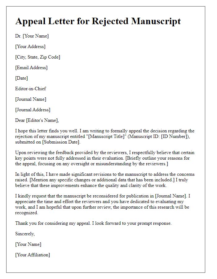 Letter template of appeal for rejected manuscript submission.