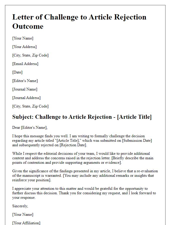 Letter template of challenge to article rejection outcome.