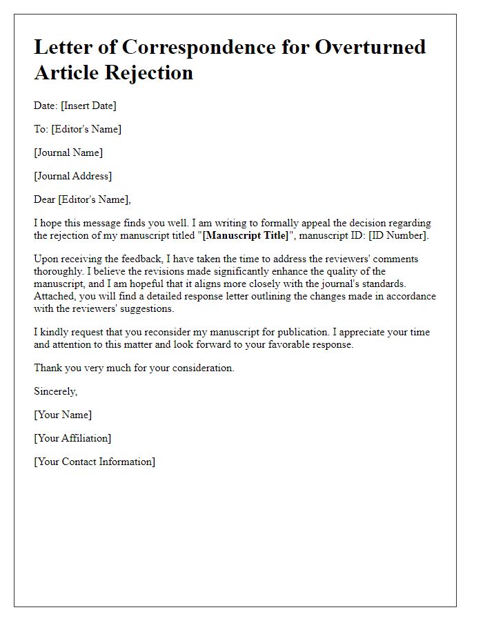 Letter template of correspondence for overturned article rejection.