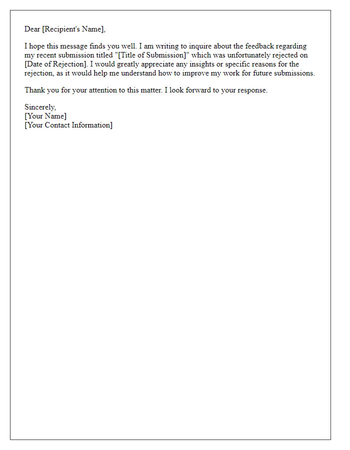 Letter template of inquiry about rejected submission feedback.