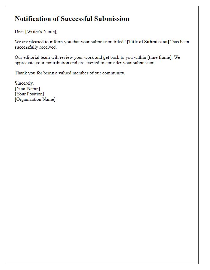 Letter template of notification for successful writer submission.