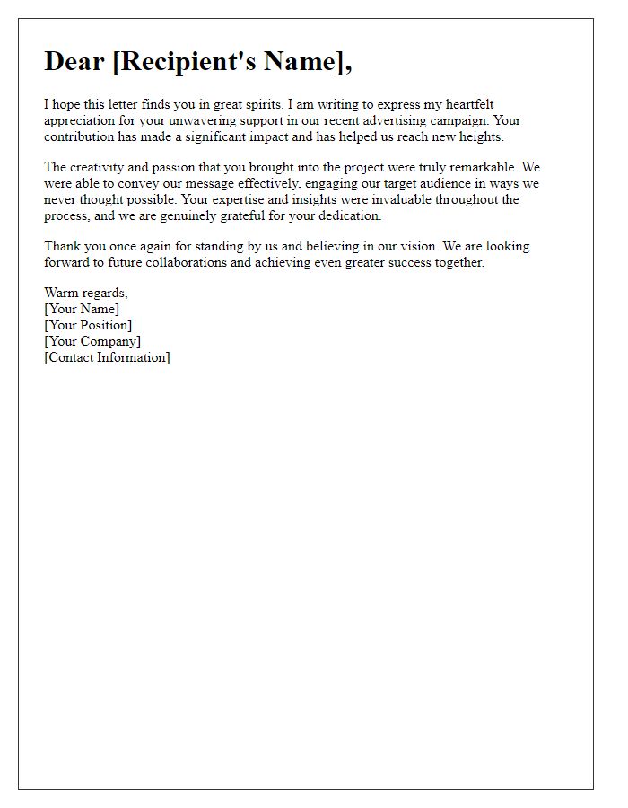 Letter template of heartfelt appreciation for advertising support.