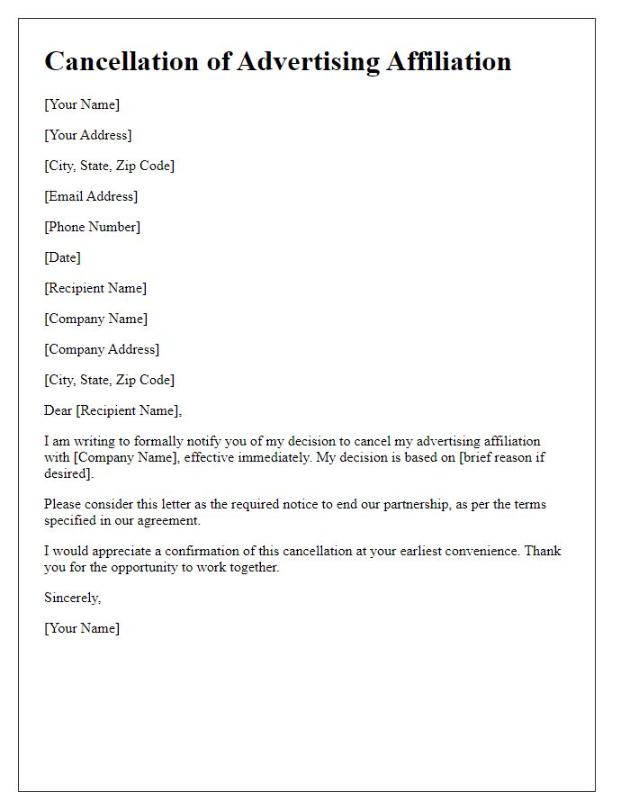 Letter template of cancellation for advertising affiliation.