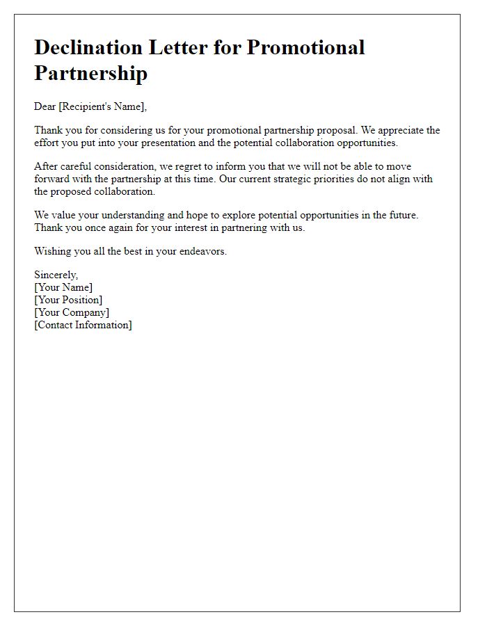 Letter template of declination for promotional partnership.