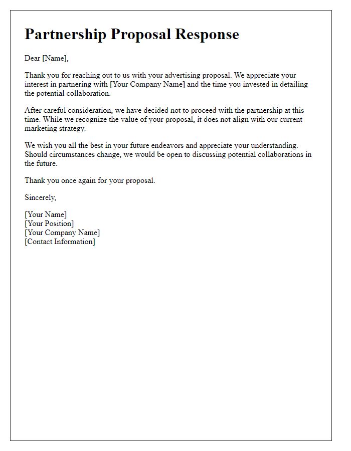 Letter template of partnership rejection for advertising proposal.