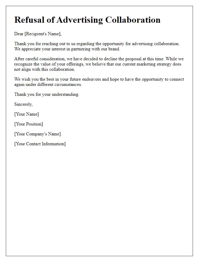 Letter template of refusal for advertising collaboration.