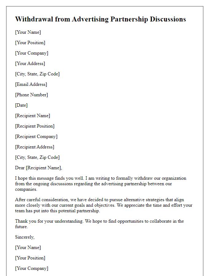 Letter template of withdrawal from advertising partnership discussions.