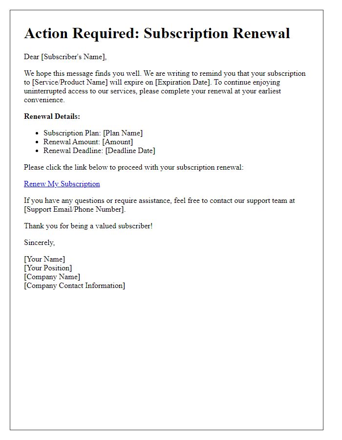 Letter template of action required for subscription renewal.